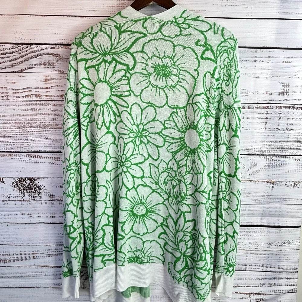 Spring Floral Cardigan XL Open Long White Green Pockets Soft Flowy Sunflowers